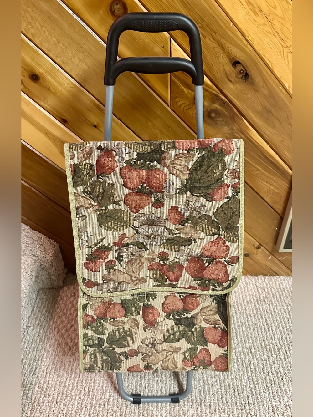 Floral Strawberry Rolling Travel Tote in Beige and Green